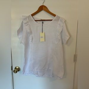 Terzo Millennio Womens 100% Linen Top Lace Cap Sleeve White Made in Italy Small